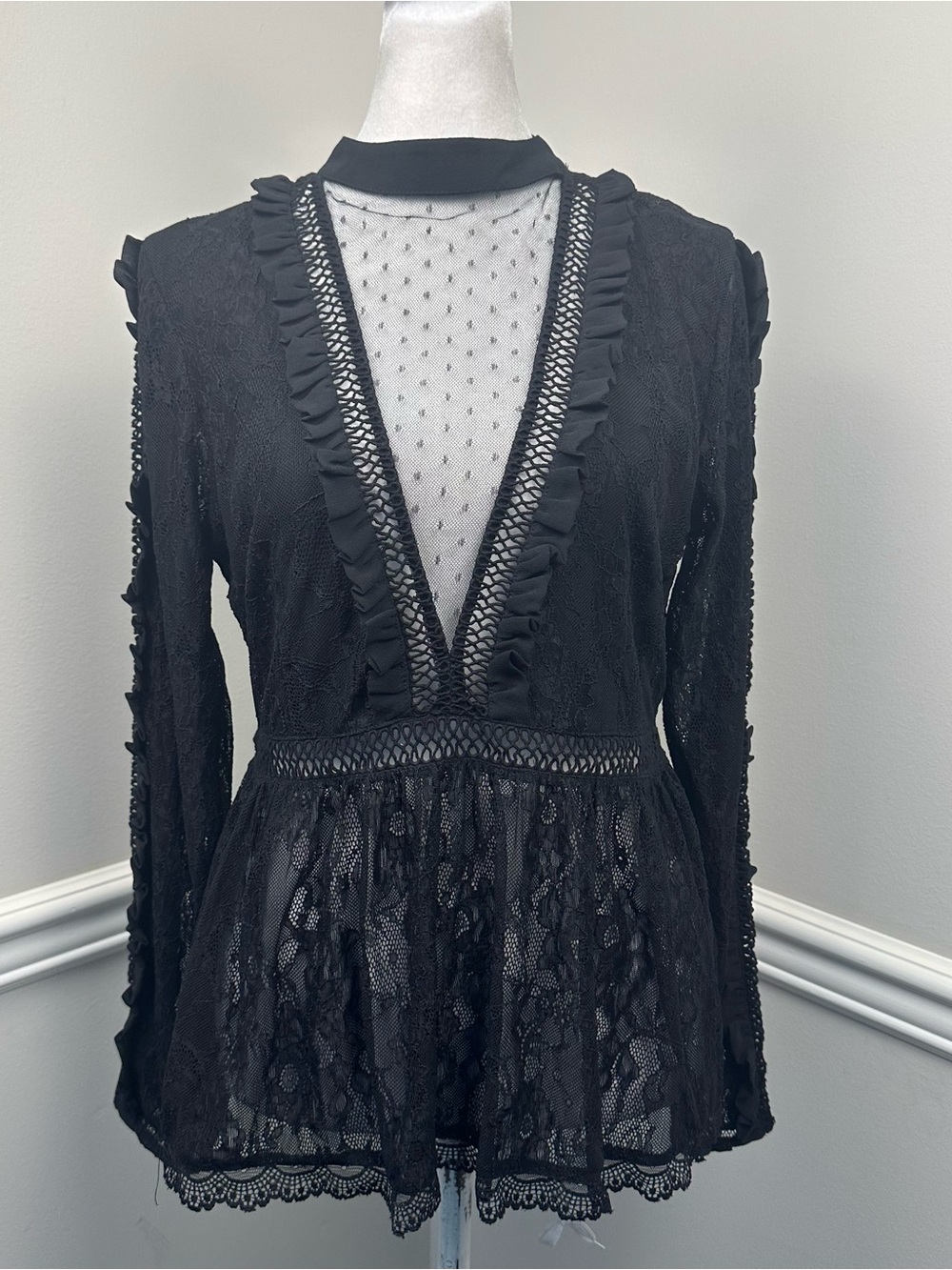 Miss Selfridge Black Lace Long Sleeve Peplum Top with Sheer Dot Inset 6